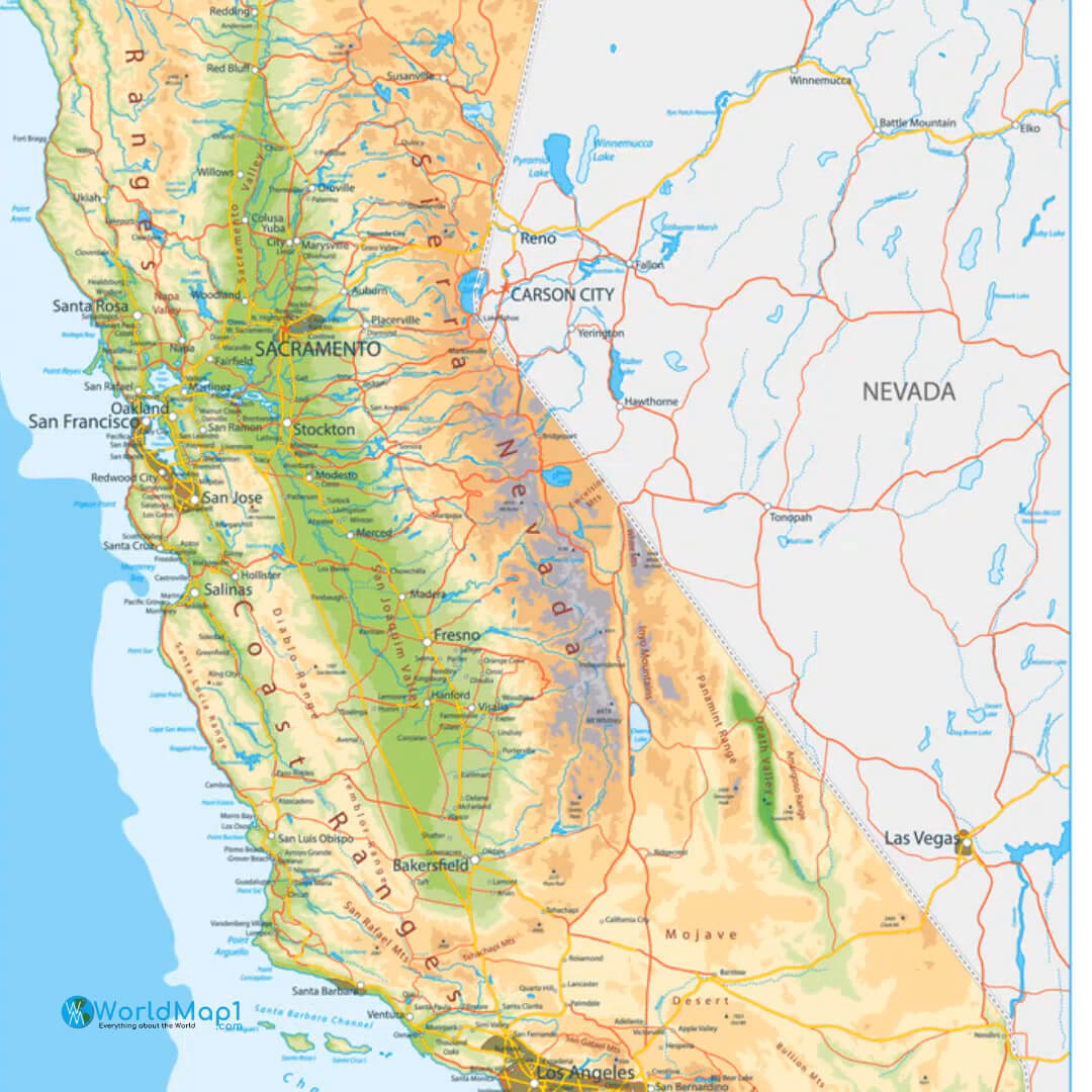 Carte de la Californie avec les montagnes de la Sierra Nevada